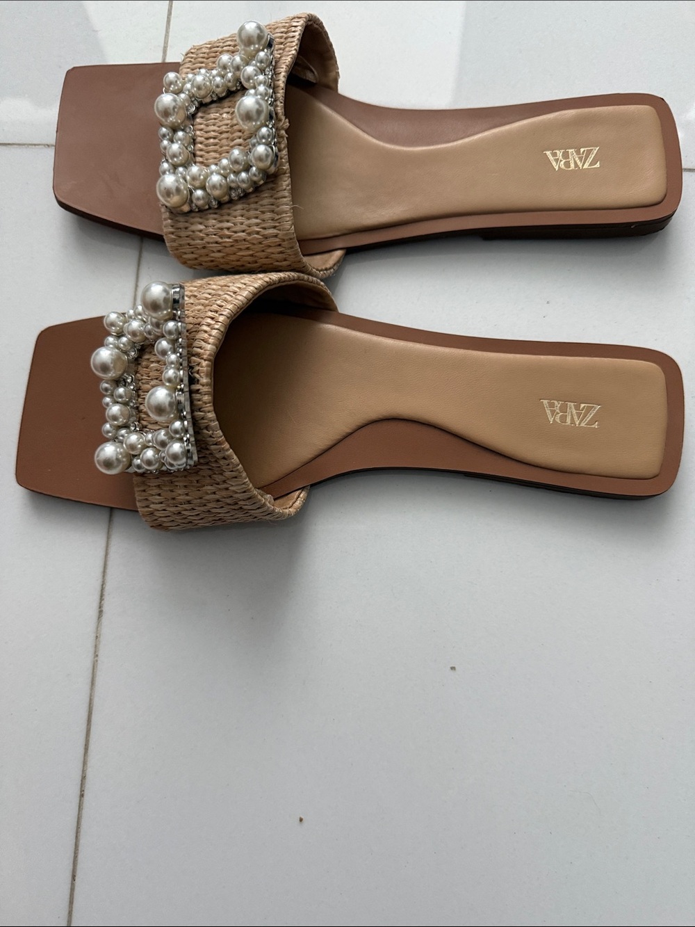 Zara Tan Raffia Slide Sandals with Pearl-Embellished Buckle - Picture 6 of 8